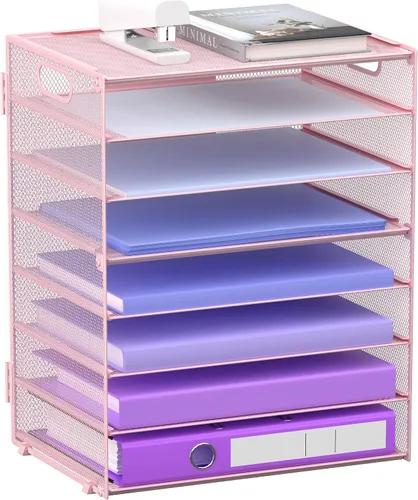 Vista 10 de Organizador de bandejas de papel de 8 niveles con asas, organizador de archivos de escritorio de malla para oficina, escuela, escritorio