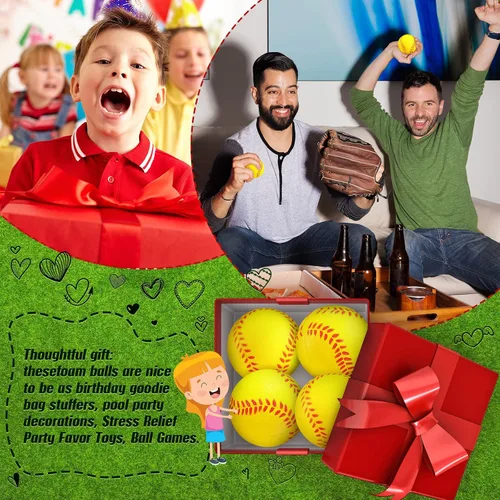 Vista 4 de HyDren Paquete de 72 bolas de softbol para el estrés, regalos de fiesta de cumpleaños, bolsas de regalo, bolas deportivas de espuma para escuela