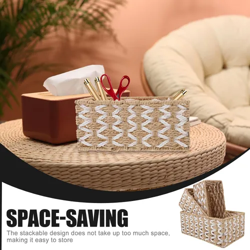 Vista 7 de Alipis 3 cestas de almacenamiento tejidas con cuerda, hechas a mano, apilables, organizador decorativo para encimera, estante, tanque de inodoro