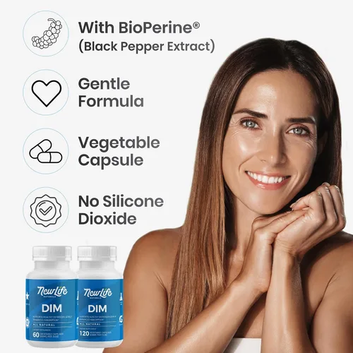 Vista 5 de NewLife Naturals Suplemento DIM de 300 mg, mujeres y hombres, acné hormonal y equilibrio, estrógeno, apoyo para la menopausia - Suministro para 120