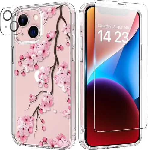 Vista 37 de bicol Funda para iPhone 14 Plus con Protector de Pantalla y Lente de Cámara - Diseños Florales de Moda para Mujeres y Niñas - Funda Transparente