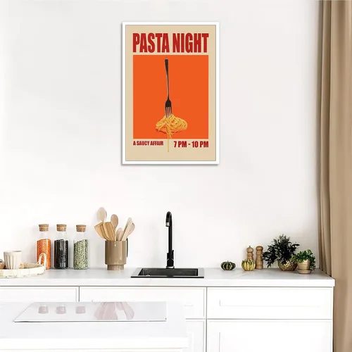 Vista 5 de Pósteres nocturnos de pasta retro, arte divertido de comida de fideos, arte de mediados de siglo, lienzo de cocina moderna de mediados de siglo