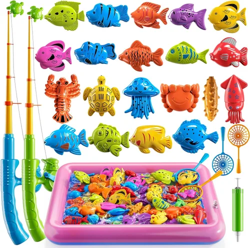 Vista 10 de TEMI - Juego de pesca para niños de 3, 4, 5, 6, 7, 8 años, juego de baño con 51 peces para niños pequeños, juguete con caña magnética y red