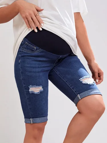 Vista 4 de Floerns Pantalones cortos de mezclilla de maternidad con dobladillo enrollable para mujer