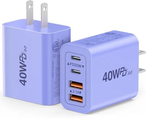 Vista 20 de [Paquete de 2] Cargador de pared USB C, cargador tipo C de 40 W, bloques de 40W 2Pack Azul bebé