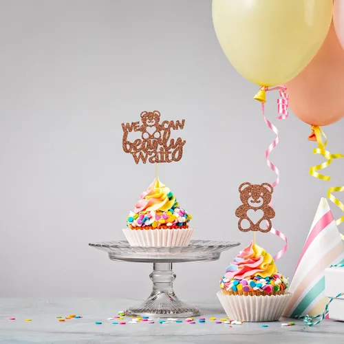 Vista 6 de Gyufise 24 piezas de decoración para cupcakes con texto en inglés «We Can Bearly Wait» («We Can Bearly Wait») para cupcakes con purpurina marrón