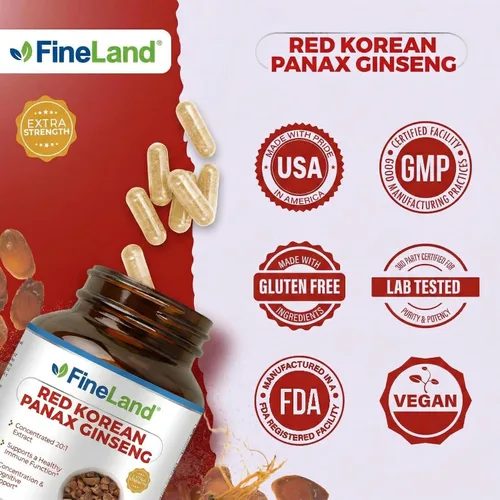 Vista 5 de FineLand Red Korean Panax Ginseng Extracto 20:1 - Suplemento concentrado de apoyo inmunológico y cognitivo para hombres y mujeres - 120 cápsulas