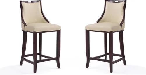Vista 17 de Manhattan Comfort Emperor Taburetes de bar de cuero vegano con respaldo, acolchado de espuma y marco de madera de haya maciza, taburete de bar bronce