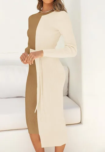 Vista 3 de ZESICA Vestido de punto acanalado para mujer, elegante vestido de manga larga con cuello redondo y lazo en la cintura ajustado ajustado