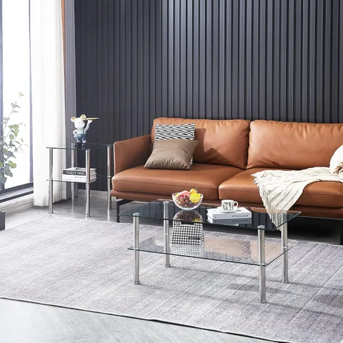 Vista 3 de Mesa de centro de cristal con patas de vidrio moderna pequeña mesa de centro para sala de estar (GC)