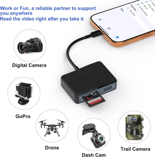 Vista 4 de Lector de tarjetas SD, adaptador de tarjeta USB-C y USB 5 en 1 con SD/MicroSD/MS y puertos USB-A duales lector de tarjetas de memoria para iPhone