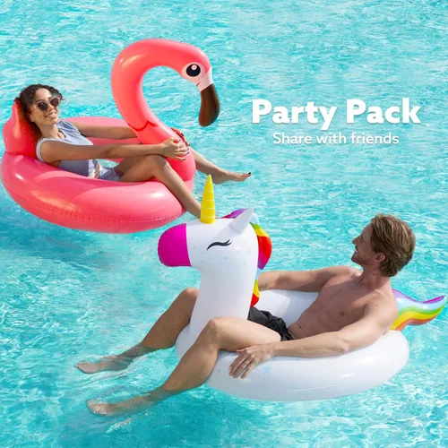 Vista 4 de SLOOSH Paquete de 2 flotadores inflables de flamenco de unicornio para piscina, decoraciones de fiesta de natación, divertidos flotadores, tubos
