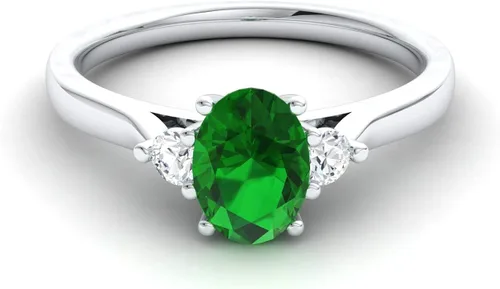 Vista 2 de Anillo de compromiso de diamantes y esmeralda de corte ovalado sintético con certificación Diamondere en plata de ley Anillo de tres piedras