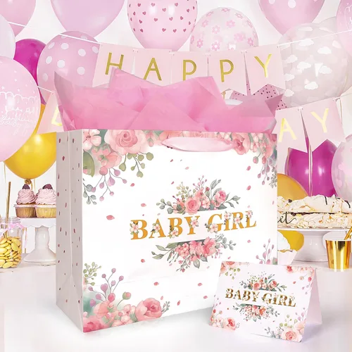 Vista 6 de Bolsa de regalo floral rosa grande de 13 pulgadas para bebé, incluye papel de regalo, papel de seda rosa y tarjeta para regalos de recién nacidos