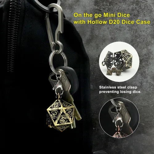 Vista 3 de Haxtec Juego Mini de Dados de Metal DND con Estuche de Collar Hueco Juego de Dados de Metal Pequeños Antiguos Juego de Llaveros D&D Portátil Juego