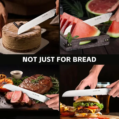 Vista 5 de Cuchillo de pan, cuchillos de pan de 8 pulgadas para masa madre de pan casera, hoja dentada de acero inoxidable alemán de alto carbono, hoja