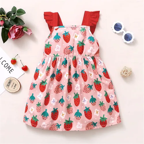 Vista 2 de Vestido de colibrí con estampado de fruta y fresa, sin mangas, para niñas pequeñas, para la playa, para niñas pequeñas, color rosa, 5-6 años