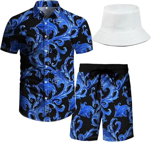 Vista 23 de RPOVIG Conjunto de playa a juego con camisas y pantalones cortos para hombre, ropa floral hawaiana para festival, conjuntos de 2 piezas con sombrero