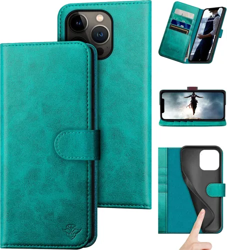 Vista 12 de DuckSky Funda tipo cartera de piel auténtica para iPhone 14 Pro Max de 6.7 pulgadas. Bloqueo RFID. 4 tarjeteros de crédito. 【Cuero auténtico】 Funda