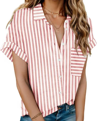Vista 22 de HOTOUCH Camisas de Lino para Mujer con Botones Blusas de Manga Corta de Algodón Cuello en V con Cuello Tops de Gasa con Botones S-3XL