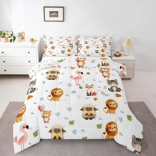 Vista 10 de Feelyou Juego de edredón de animales de zoológico, tamaño individual, juego de ropa de cama de animales de dibujos animados para niños, niñas