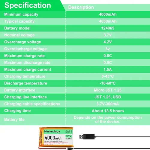 Vista 14 de Batería Li de 3.7 V 4000 mAh con cable de cargador USB 124065 1S LiPo batería con placa de protección, cinta de goma aislada y enchufe micro JST