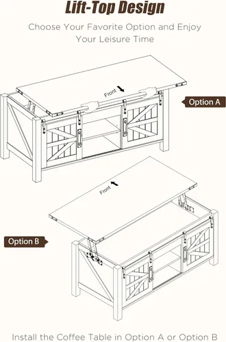 Vista 5 de OKD - Mesa de centro de granja de 48" con puerta de granero deslizante, mesa rústica con compartimento de almacenamiento oculto, superficie superior