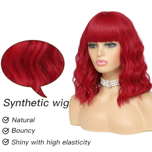 Vista 2 de Peluca corta ondulada con flequillo, peluca roja para mujer, peluca sintética rizada estilo Bob, peluca de fibra resistente al calor de aspecto
