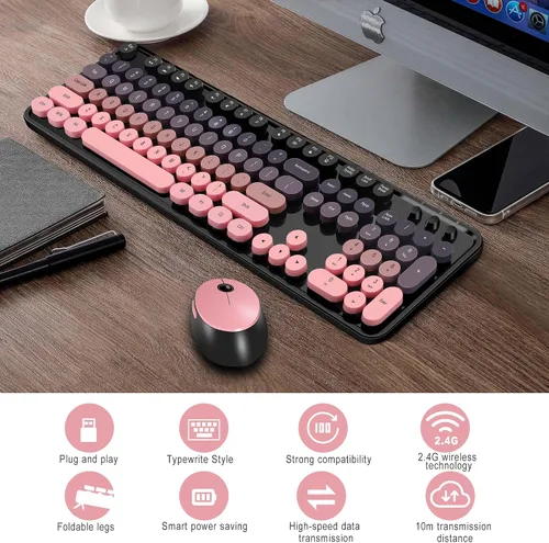 Vista 4 de Kootop - Combo de teclado y mouse inalámbrico, teclado retro colorido lindo con 104 teclas, teclas redondas estilo máquina de escribir para PC