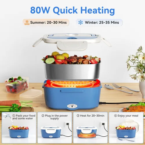 Vista 4 de Vingud Fiambrera eléctrica para adultos, lonchera calentada, calentador de alimentos, lonchera portátil de 80 W para hombres/coche/camión