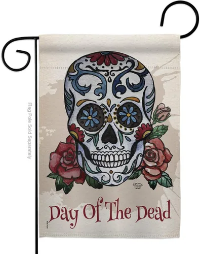 Vista 9 de Bandera de arpillera para jardín del Día de los Muertos, fiesta mexicana, otoño, pequeño regalo, decoración para patio, casa, de doble cara