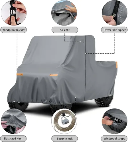 Vista 3 de Funda impermeable UTV compatible con Can-am Defender de 2 plazas, 6 capas para todo tipo de clima, con rejillas de ventilación, cremallera de puerta
