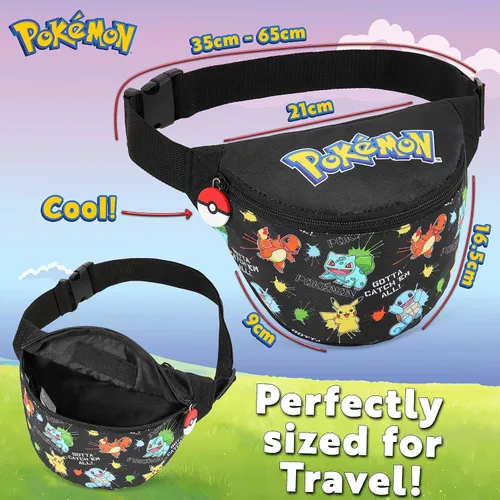 Vista 6 de Bolsa de Pokémon para niños y niñas, bolsa de viaje para la escuela, festival, ligera, ajustable, riñonera, bolsillo con cremallera, regalos