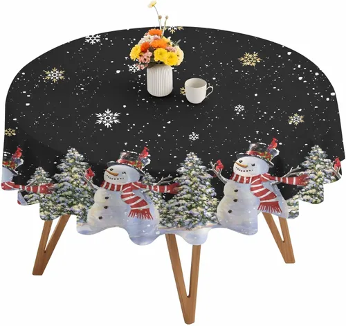 Vista 2 de Mantel redondo negro de Navidad, impermeable y resistente a las manchas, mantel lavable sin arrugas para comedor, fiesta, boda, muñeco de nieve