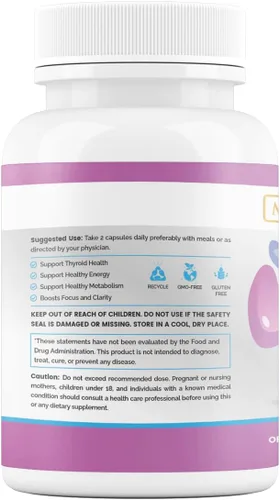 Vista 8 de Suplemento de apoyo para la tiroides para mujeres y hombres, enfoque, claridad mental y energía con yodo de ashwagandha, zinc, algas, vitamina B12