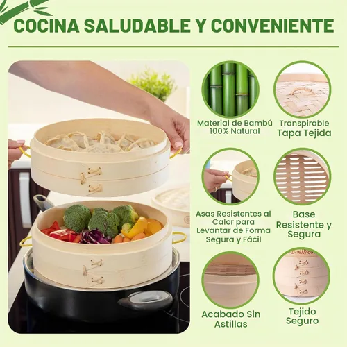 Vista 3 de Cesta para cocinar al vapor de bambú de 25 cm, 2 niveles, con mango, adaptador de anillo, forro de silicona reutilizable, kit para cocinar