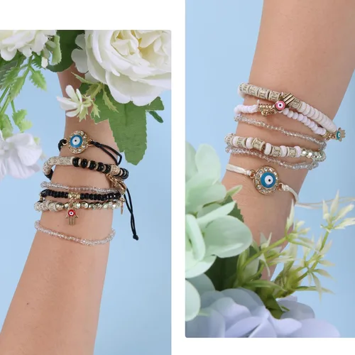 Vista 5 de 12 pulseras para mujer, pulsera de protección, pulsera de amistad, pulsera de ojo de diablo con cuentas, pulsera de moda bohemia multicapa