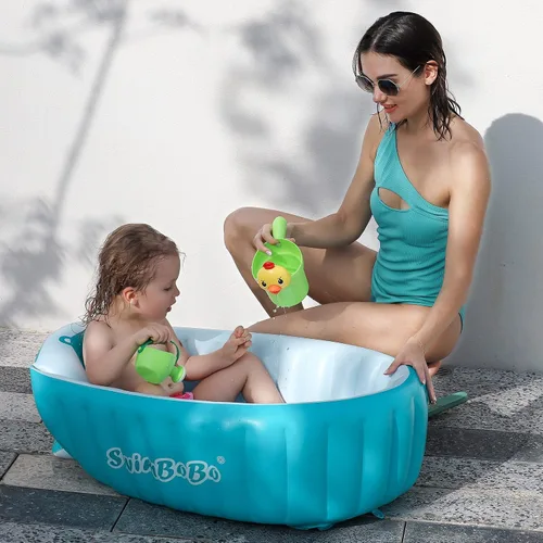 Vista 6 de Tina de baño inflable para niños pequeños, asiento central con cojín grueso antideslizante de seguridad, tina de baño portátil para viajes, piscina