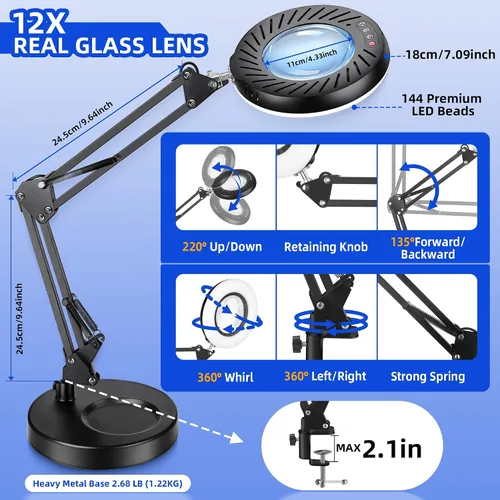 Vista 7 de Akynite 12 lupas con luz y soporte, lámpara de escritorio con lupa de cristal real de 144 LED con base y abrazadera, 5 modos de color, lupa