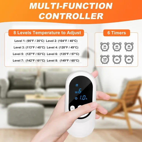 Vista 3 de Calentadores de pies eléctricos con calefacción para cama y debajo del escritorio con 8 niveles de temperatura, 6 temporizadores y bolsa
