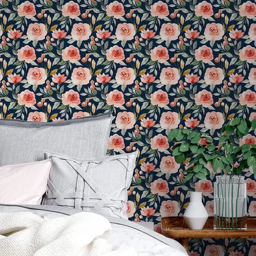 Vista 4 de Papel tapiz floral con fondo azul marino, autoadhesivo, extraíble, acuarela, flores, vinilo, papel de pared para estantería, encimera, decoración