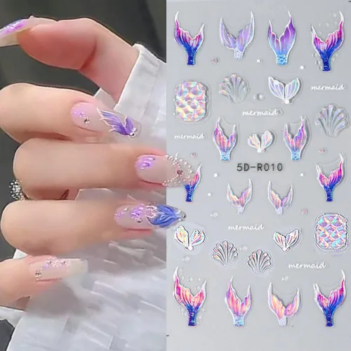 Vista 4 de Calcomanías de uñas de cola de sirena de ensueño 5D, calcomanías de uñas de verano 5D en relieve láser de sirena, calcomanías de arte de uñas de ola