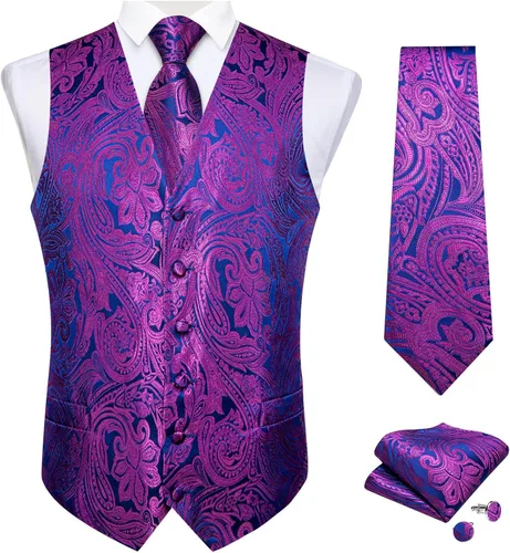 Vista 8 de DiBanGu Conjunto de 5 chalecos de seda con corbata y corbatín para hombre Paisley oro negro
