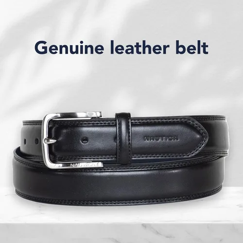 Vista 3 de Nautica Men's Logo Inlay Ornament Double Stitch Leather Belt