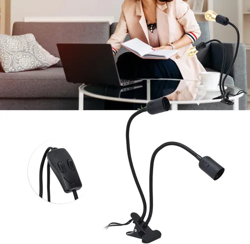 Vista 4 de Lámpara de escritorio LED de cuello de cisne con abrazadera, lámpara E27/E26, aluminio negro, brazo flexible de 20 pulgadas, luz portátil con clip