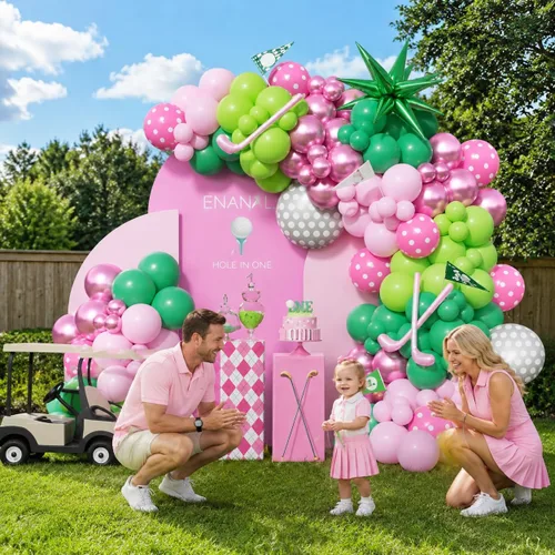 Vista 3 de Kit de arco de guirnalda de globos con agujero en uno para el primer Enana - 153 globos de color rosa y verde con palos de golf de estrellas