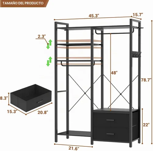 Vista 3 de Perchero de 78.7 pulgadas para colgar ropa, perchero reversible con 2 cajones, percheros resistentes con estantes, sistema de armario portátil Negro