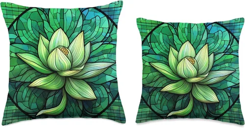 Vista 3 de Aesthetic Lotus Flower Gifts For Yoga Women Cojín abstracto de flores de loto verde con vitrales florales, 16 x 16, multicolor