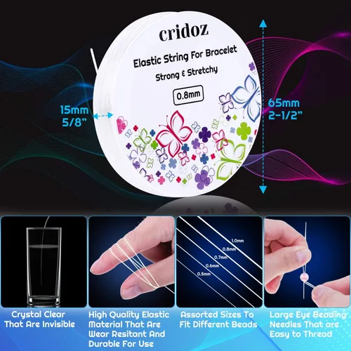 Vista 3 de cridoz - Cuerda elástica para pulseras, 5 rollos de cuerda elástica transparente, cuerda elástica para joyería con 2 agujas de cuentas para cuentas