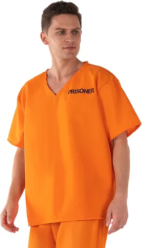 Vista 3 de Disfraz de prisionero para adultos, overol naranja de convicto para cosplay, camisa y pantalón, disfraz para hombres y mujeres